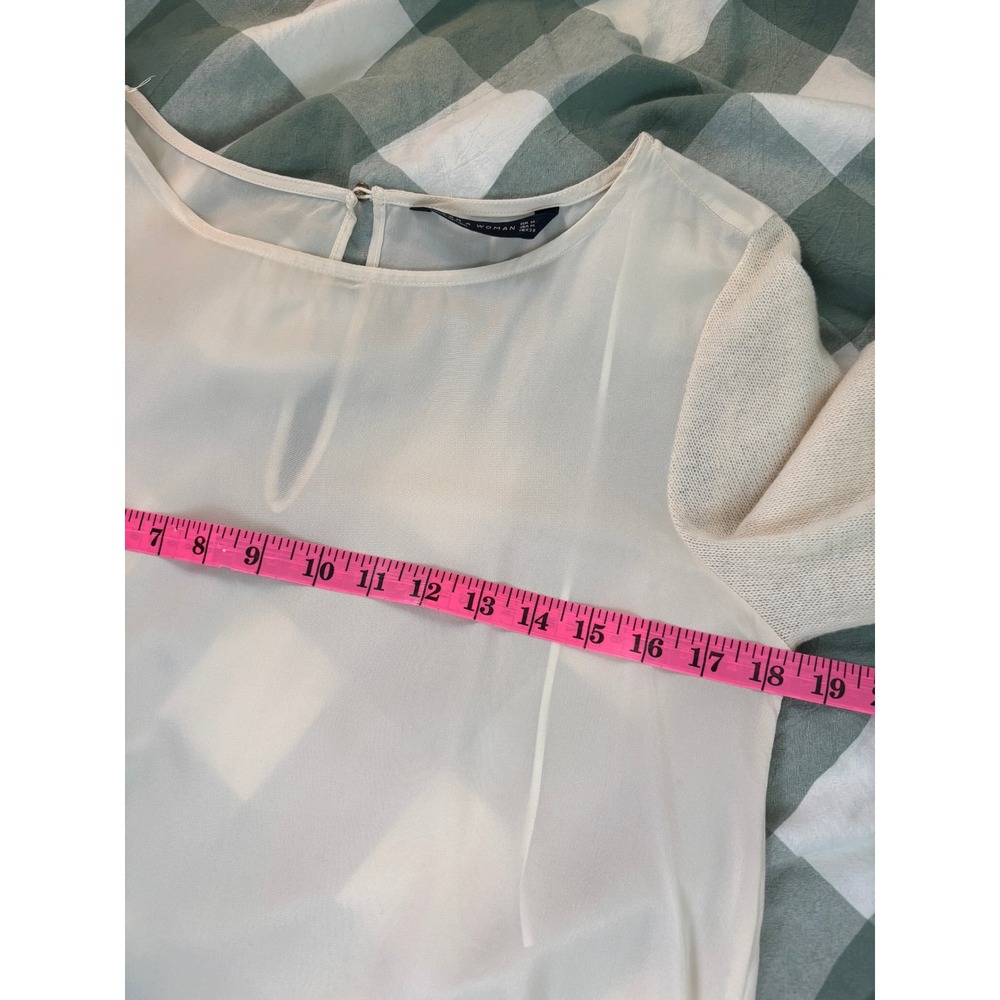 Zara Woman Silk & Wool Mixed Media Blouse Cream High Low Long Sleeve Medium - Picture 6 of 8